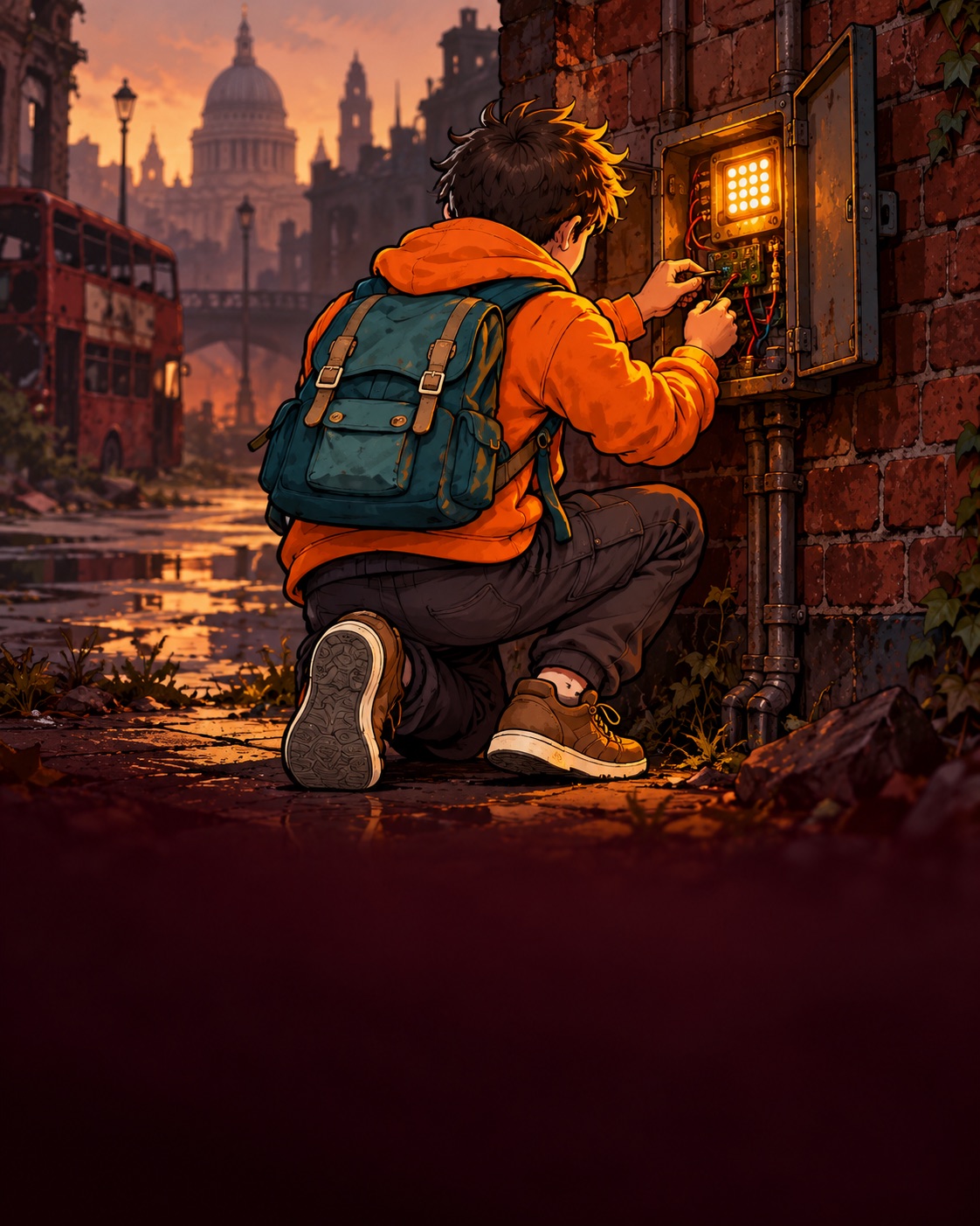 Survivor repairing a glowing signal on a dark city street.