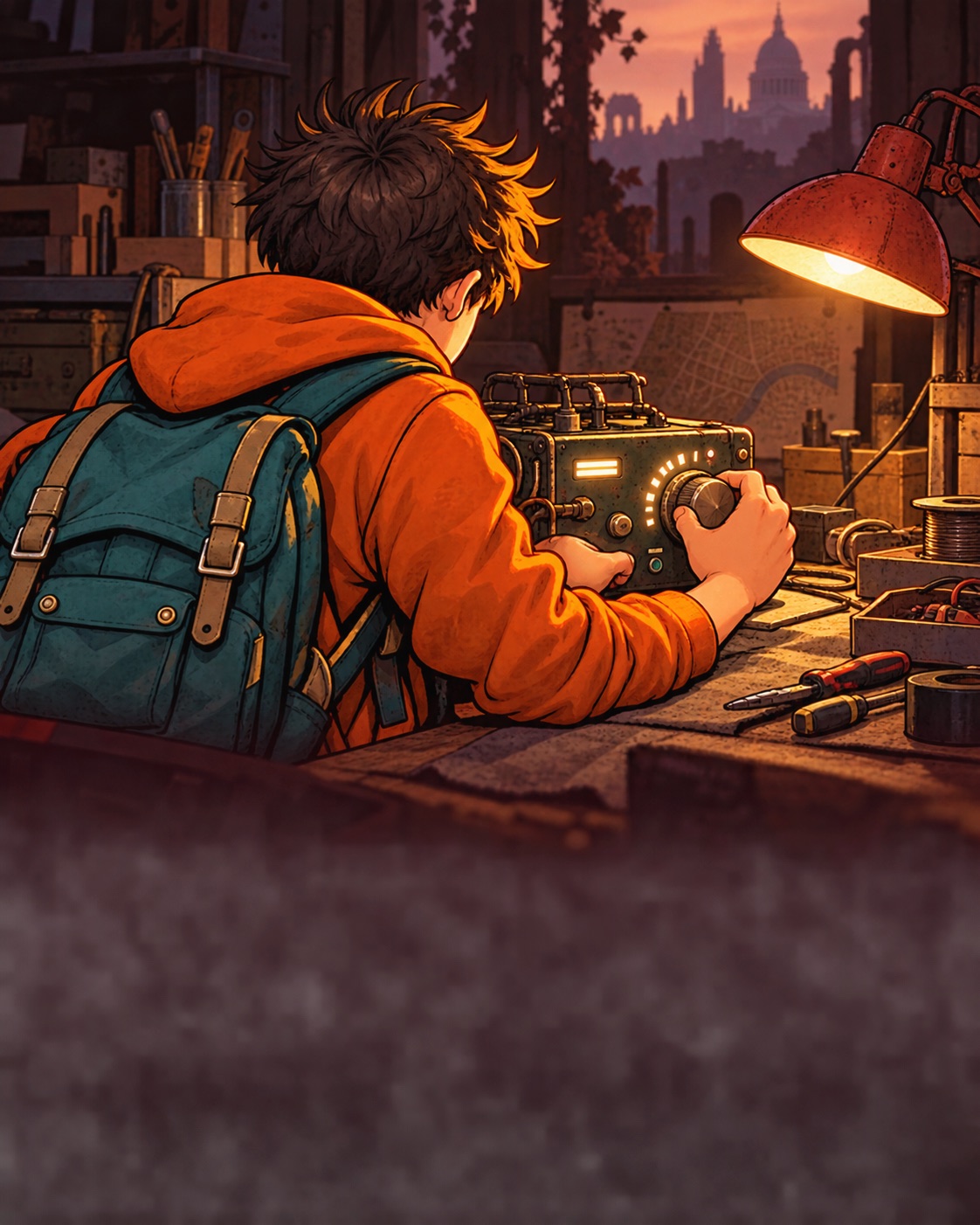 Survivor adjusting an illuminated device at a workbench.