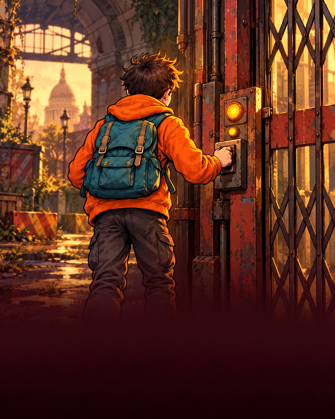 Illustration of the survivor at a security-gate control panel.