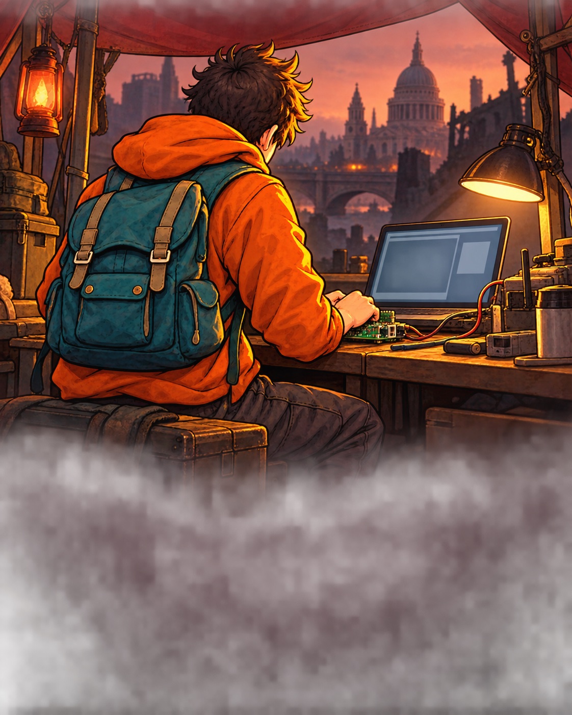 Illustration of the survivor programming a small controller at a rescue station.