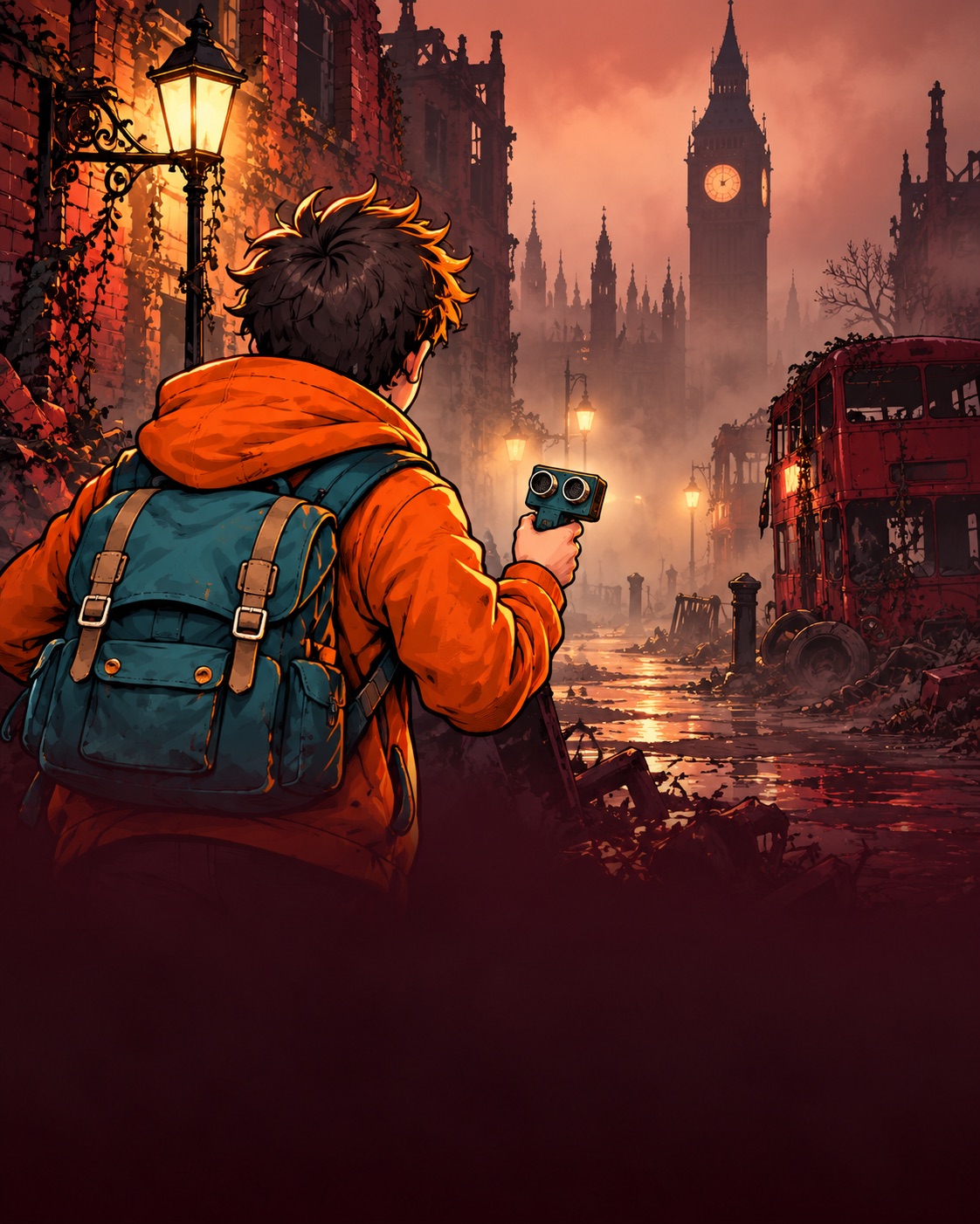 Illustration of the survivor using a distance sensor in a foggy street.