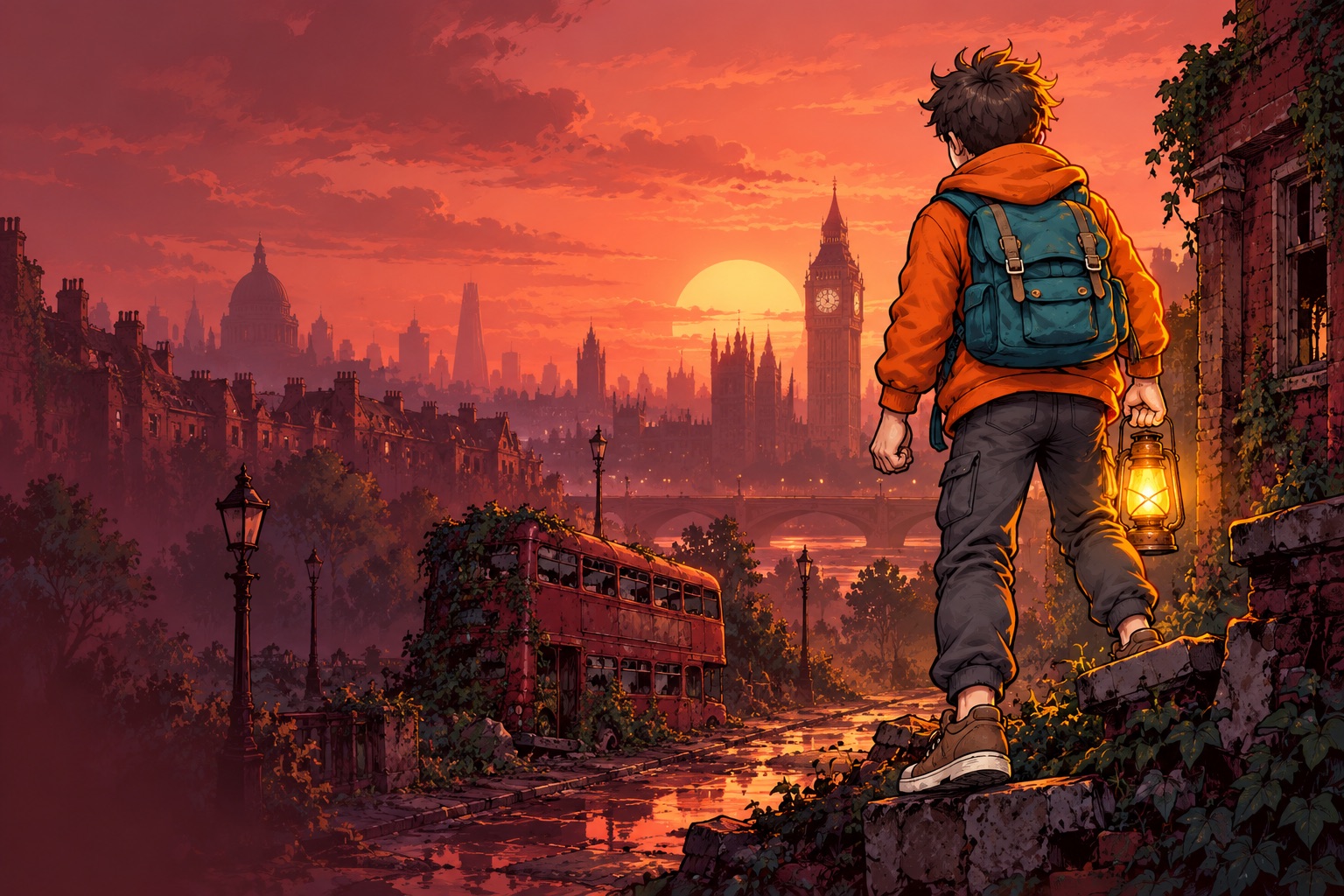 Joulo’s orange-jacketed survivor holds a working signal lamp above a London-inspired street.